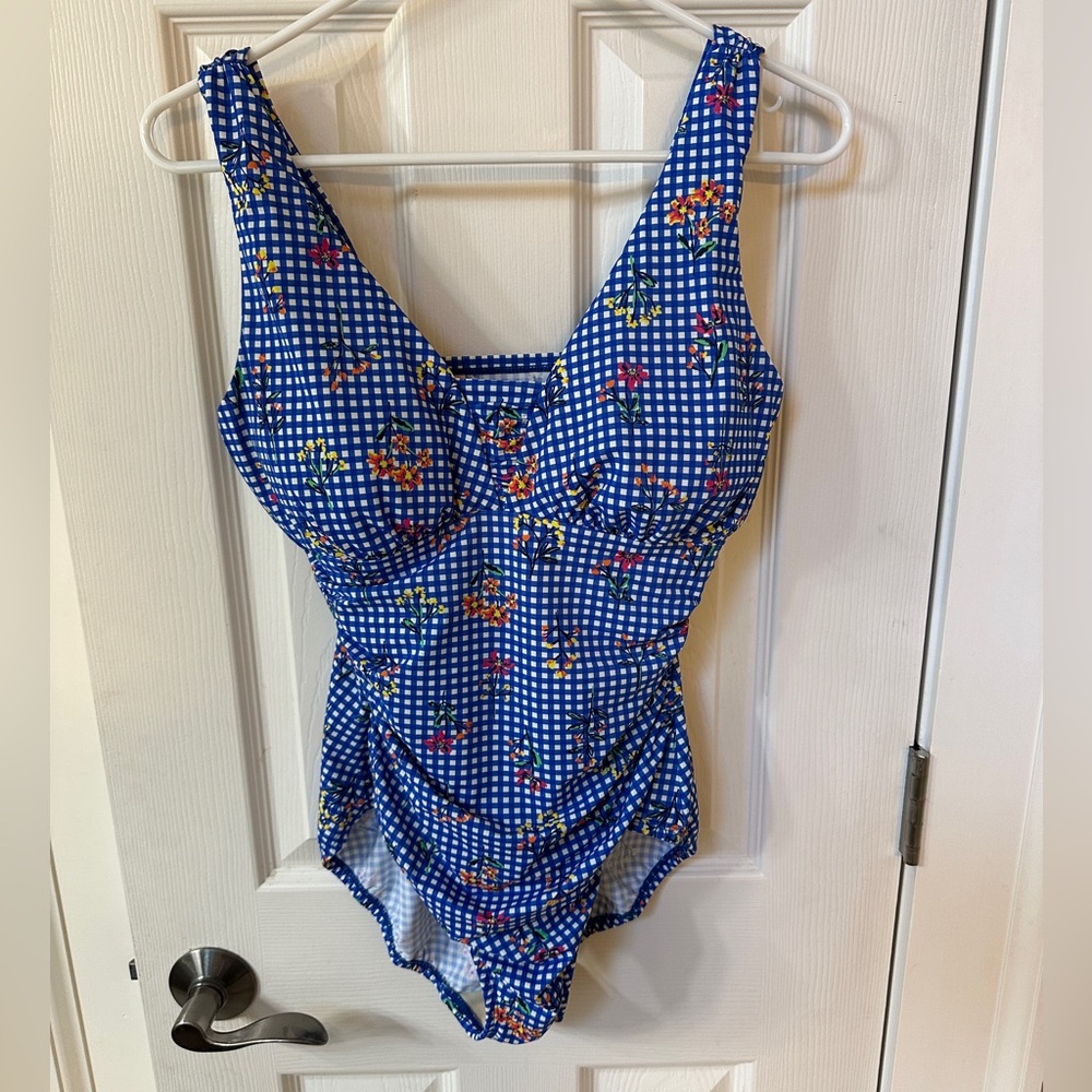 Lands End Women’s Swimsuit Size 10 Check Flowers Classic Summer Stylish